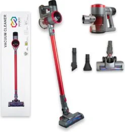 Infinity Goods Steelstofzuiger - Draadloos - 4-in-1 - Kruimelzuiger - Inclusief Accu En Oplader - 6500 PA Zuigkracht - Zonder Zak - Rood/Grijs