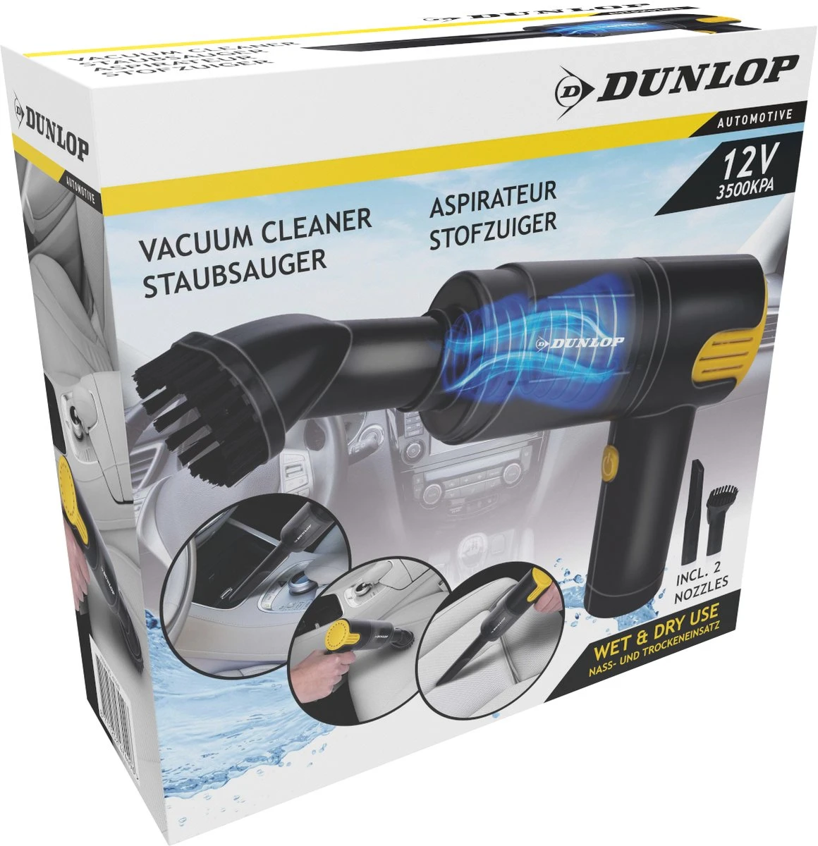 Dunlop Auto Stofzuiger - 12V Aansteker Aansluiting - Nat En Droog - Spleet- En Borstelmondstuk - 3 Meter Kabel - Auto Accessories - Zwart/Geel 6 Dunlop Auto Stofzuiger - 12V Aansteker Aansluiting - Nat En Droog - Spleet- En Borstelmondstuk - 3 Meter Kabel - Auto Accessories - Zwart/Geel - Afbeelding 4