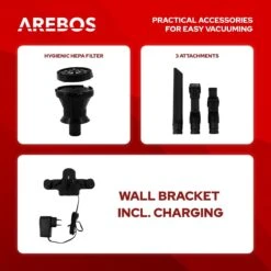 AREBOS - 2-in-1 Steelstofzuiger Draadloos - Stofzuiger Zonder Zak 200W - Kruimelzuiger - Handstofzuiger - Turboborstel Met LED - Stofzuiger Met Zak - Zwart -Reinigingsapparaten Winkel 1200x1200 543