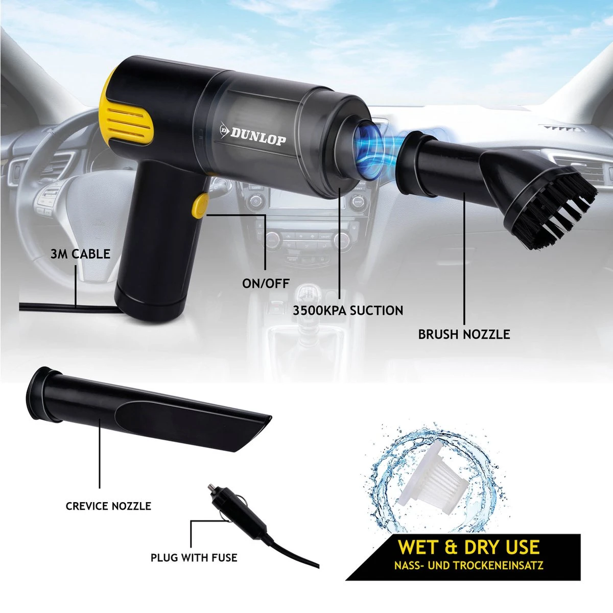 Dunlop Auto Stofzuiger - 12V Aansteker Aansluiting - Nat En Droog - Spleet- En Borstelmondstuk - 3 Meter Kabel - Auto Accessories - Zwart/Geel 9 Dunlop Auto Stofzuiger - 12V Aansteker Aansluiting - Nat En Droog - Spleet- En Borstelmondstuk - 3 Meter Kabel - Auto Accessories - Zwart/Geel - Afbeelding 7