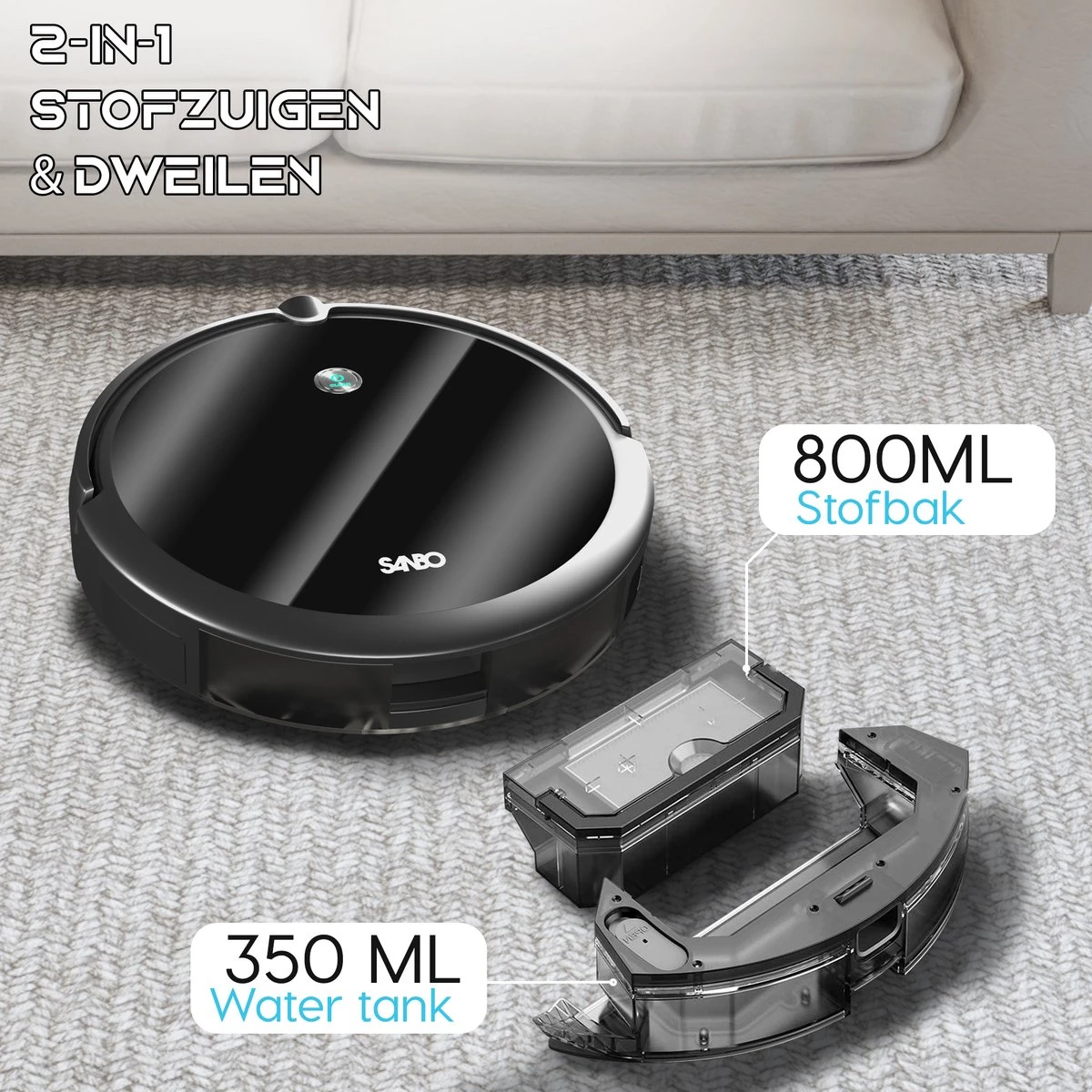 Sanbo D-503 Pro Robotstofzuiger V2 - 2500 PA Zuigkracht - Inclusief HD-Camera & App - Zwart - Inclusief Laadstation - Dweilrobot 4 Sanbo D-503 Pro Robotstofzuiger V2 - 2500 PA Zuigkracht - Inclusief HD-Camera & App - Zwart - Inclusief Laadstation - Dweilrobot - Afbeelding 2