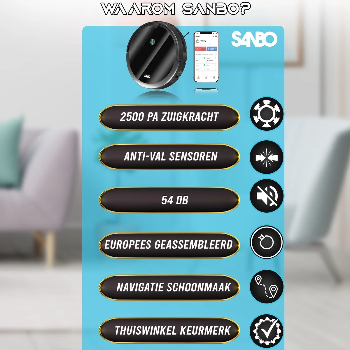 Sanbo D-503 Pro Robotstofzuiger V2 - 2500 PA Zuigkracht - Inclusief HD-Camera & App - Zwart - Inclusief Laadstation - Dweilrobot 8 Sanbo D-503 Pro Robotstofzuiger V2 - 2500 PA Zuigkracht - Inclusief HD-Camera & App - Zwart - Inclusief Laadstation - Dweilrobot - Afbeelding 6