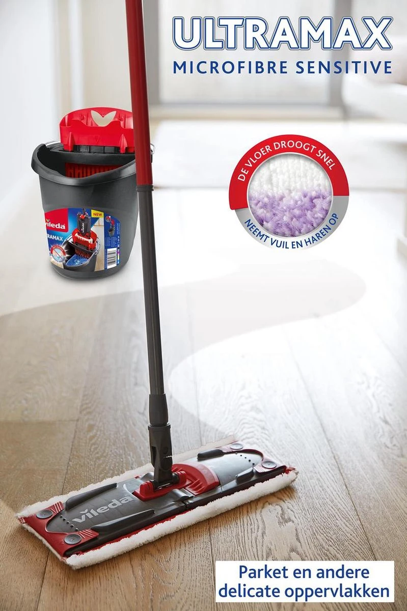 Vileda UltraMax Sensitive - Complete Set - Vlakke Microvezelmop + Emmer Met Pers - Voor Parket En Delicate Oppervlakken 5 Vileda UltraMax Sensitive - Complete Set - Vlakke Microvezelmop + Emmer Met Pers - Voor Parket En Delicate Oppervlakken - Afbeelding 3